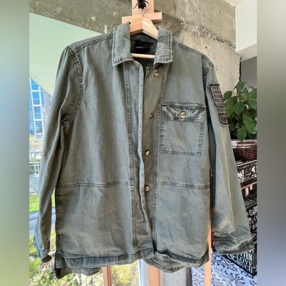 Nanette Lapore army green military style denim jacket with beaded crests - Picture 1 of 11